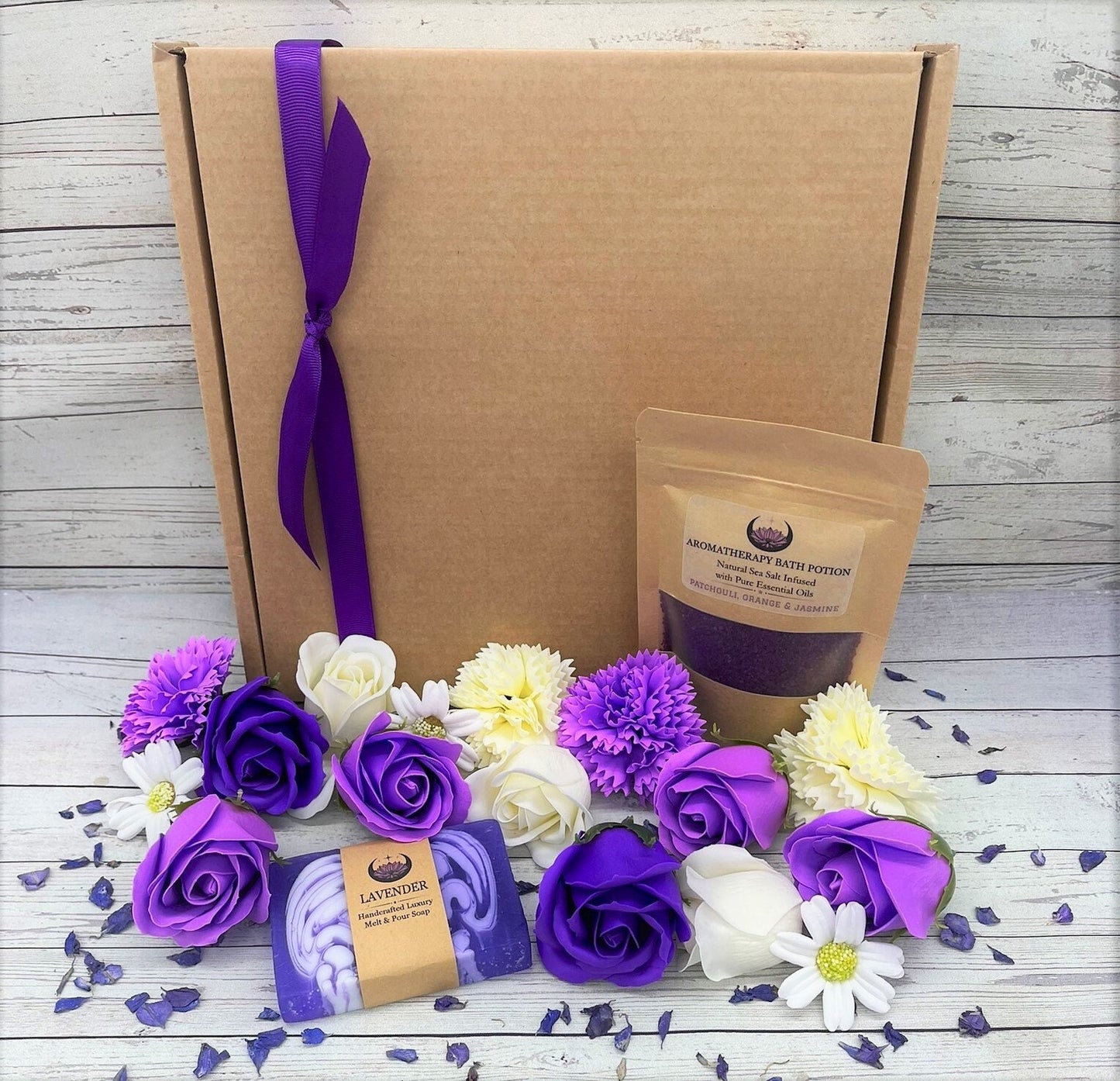 THE PURPLE SENSATION Spa Flowers Luxury Gift Box, Aromatherapy Bath Salts, Handmade Soap, Relaxation,  Birthday, Thank You, Christmas
