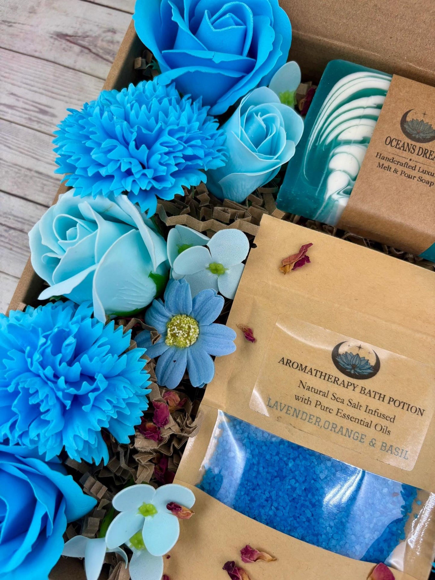 Blue Sensation Spa Gift Box: Aromatherapy Bath Salts, Handmade Soap & Soap Flowers
