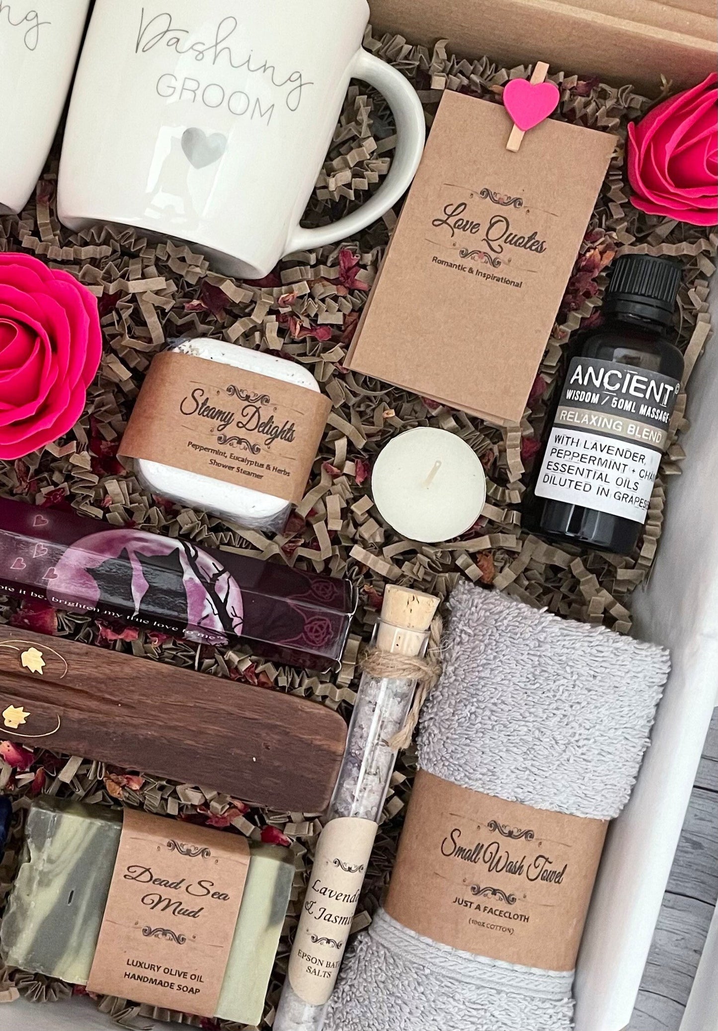 Unique Wedding/Engagement Gift Hamper, Bride & Groom Spa, Relaxation, Pampering, Crystals, Love Tea, Love Quotes, Shower Steamers,