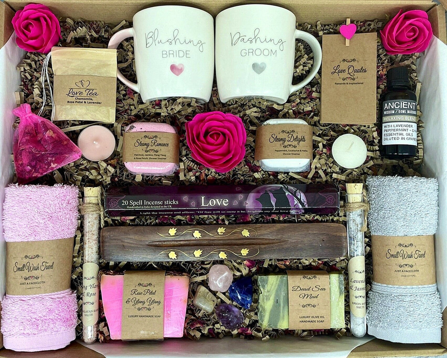 Unique Wedding/Engagement Gift Hamper, Bride & Groom Spa, Relaxation, Pampering, Crystals, Love Tea, Love Quotes, Shower Steamers,