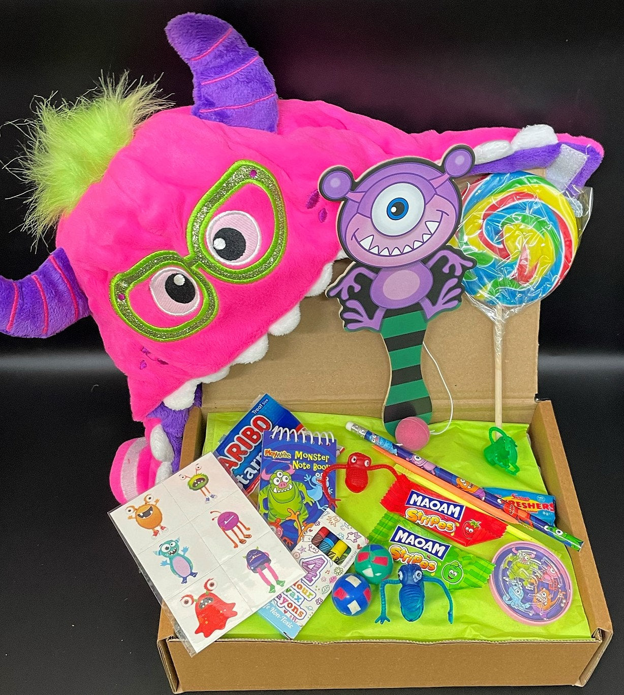 Monster Themed Personalised Gift Box, Plush Monster Hat, Boy's & Girls Gift Box, Birthday/Christmas Ages 3,4,5,6,7,8,9,10,11,12