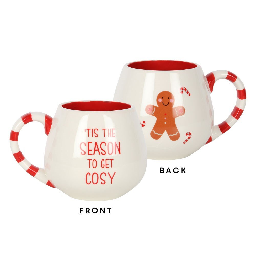 Cosy Gingerbread Rounded Hot Chocolate Mug, Candy Stripe Handle, Christmas Present, Stocking Filler, Xmas Eve Gift, Teen Christmas Gift