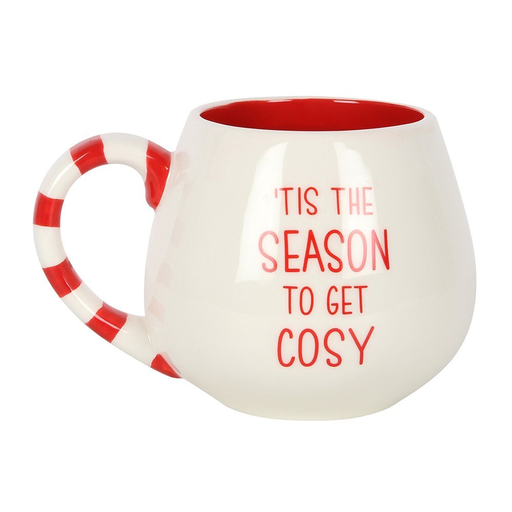 Cosy Gingerbread Rounded Hot Chocolate Mug, Candy Stripe Handle, Christmas Present, Stocking Filler, Xmas Eve Gift, Teen Christmas Gift
