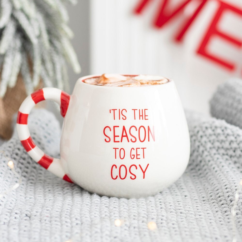 Cosy Gingerbread Rounded Hot Chocolate Mug, Candy Stripe Handle, Christmas Present, Stocking Filler, Xmas Eve Gift, Teen Christmas Gift