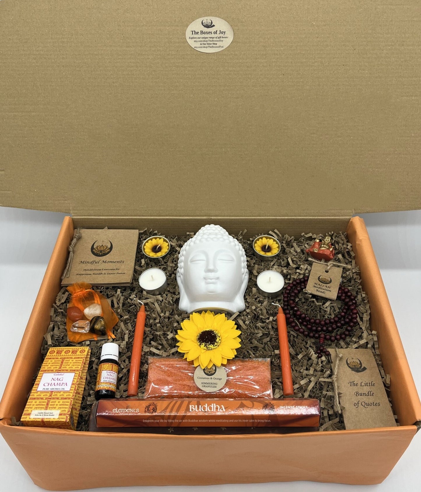 The Buddha Happy Meditation &  Wellness Gift, Mindfulness, Positivity, Crystals, Oil Burner, Incense, Mandala Beads, Buddha, Birthday Gift