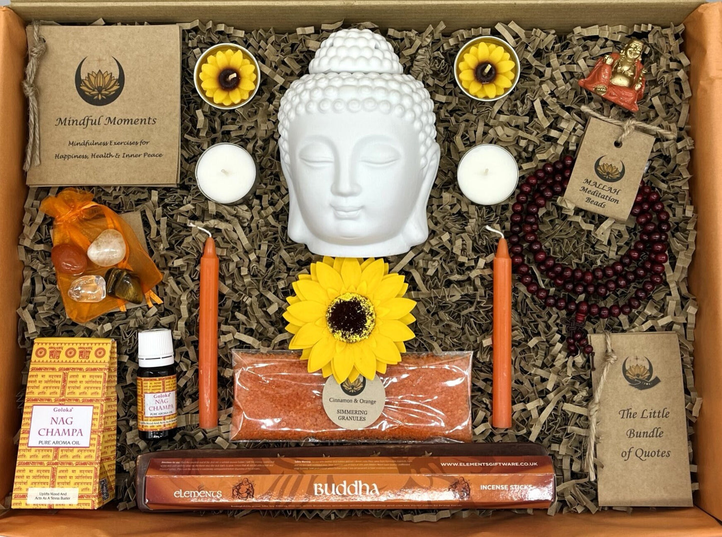 The Buddha Happy Meditation &  Wellness Gift, Mindfulness, Positivity, Crystals, Oil Burner, Incense, Mandala Beads, Buddha, Birthday Gift