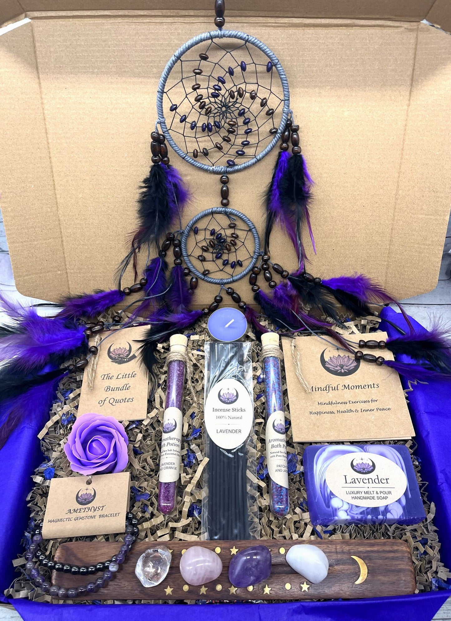 NEW for 2024 Complete Relaxation Wellness Gift Box, Dreamcatcher, Mindfulness, Spa, Crystals, Amethyst Bracelet, Unique Birthday Gift,