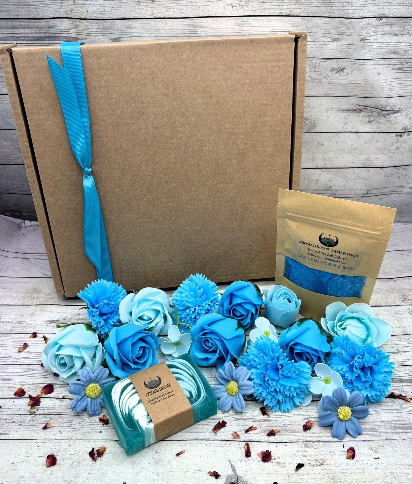 Blue Sensation Spa Gift Box: Aromatherapy Bath Salts, Handmade Soap & Soap Flowers