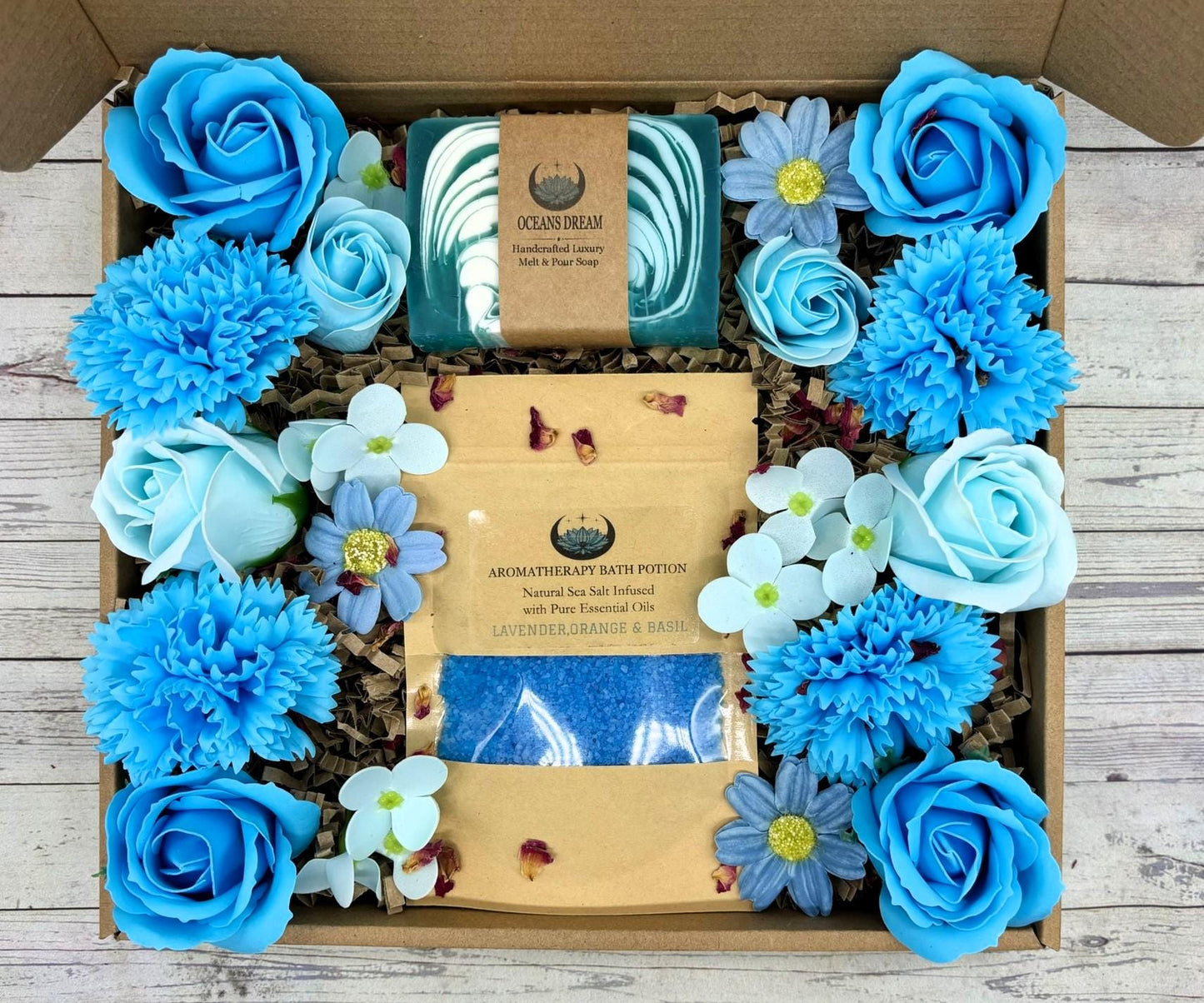Blue Sensation Spa Gift Box: Aromatherapy Bath Salts, Handmade Soap & Soap Flowers