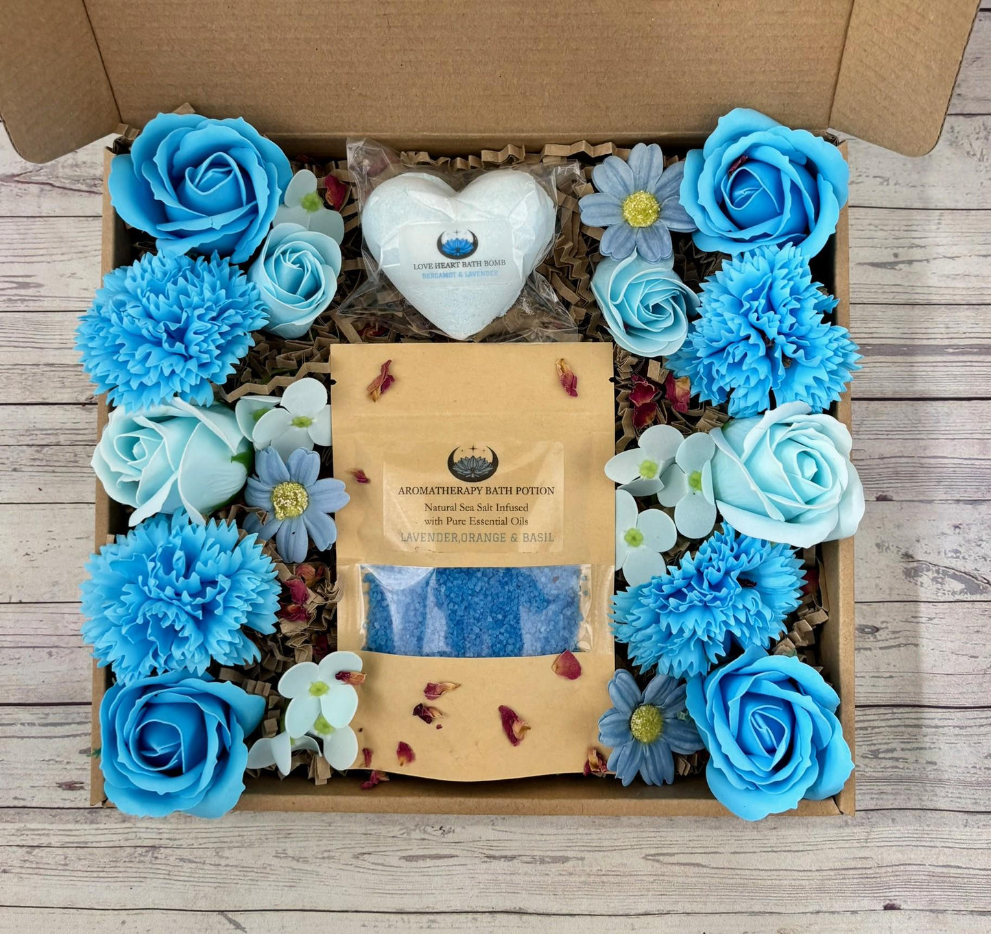 Blooming Blue Spa Gift Box: Aromatherapy Bath Salts & Soap Flowers