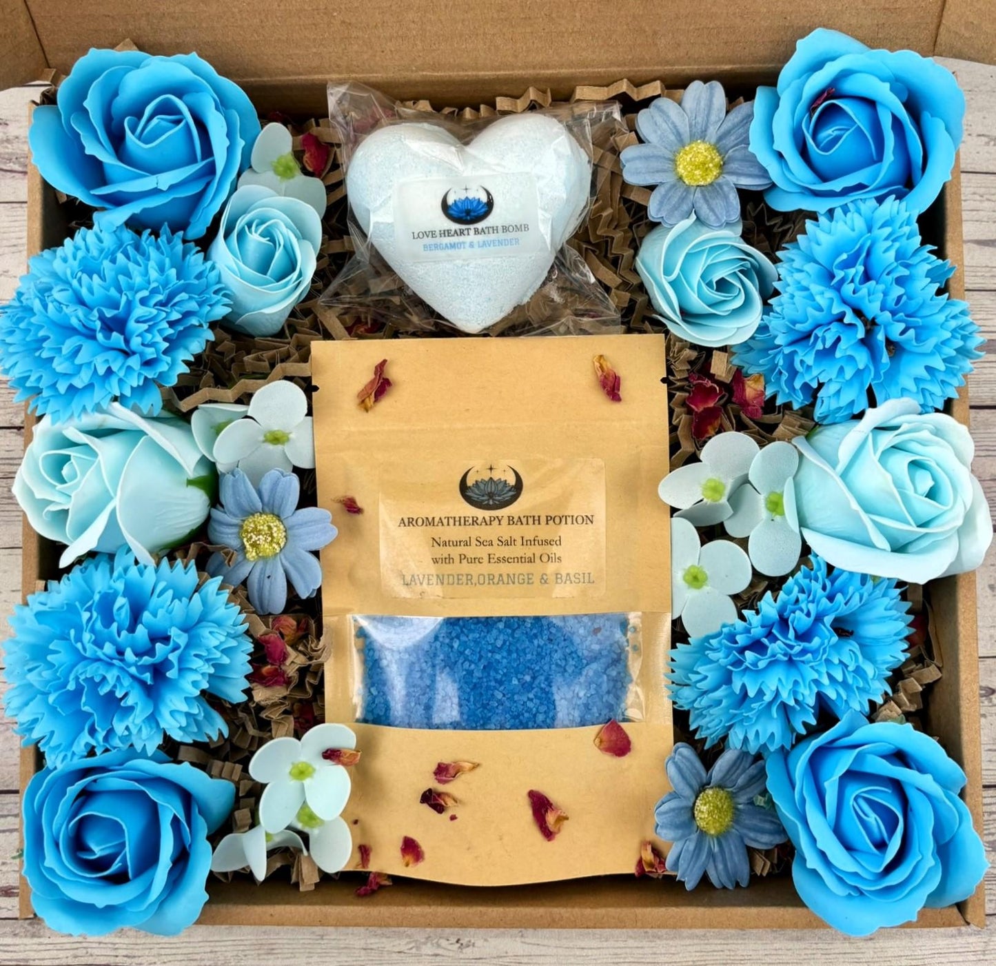 Blooming Blue Spa Gift Box: Aromatherapy Bath Salts & Soap Flowers
