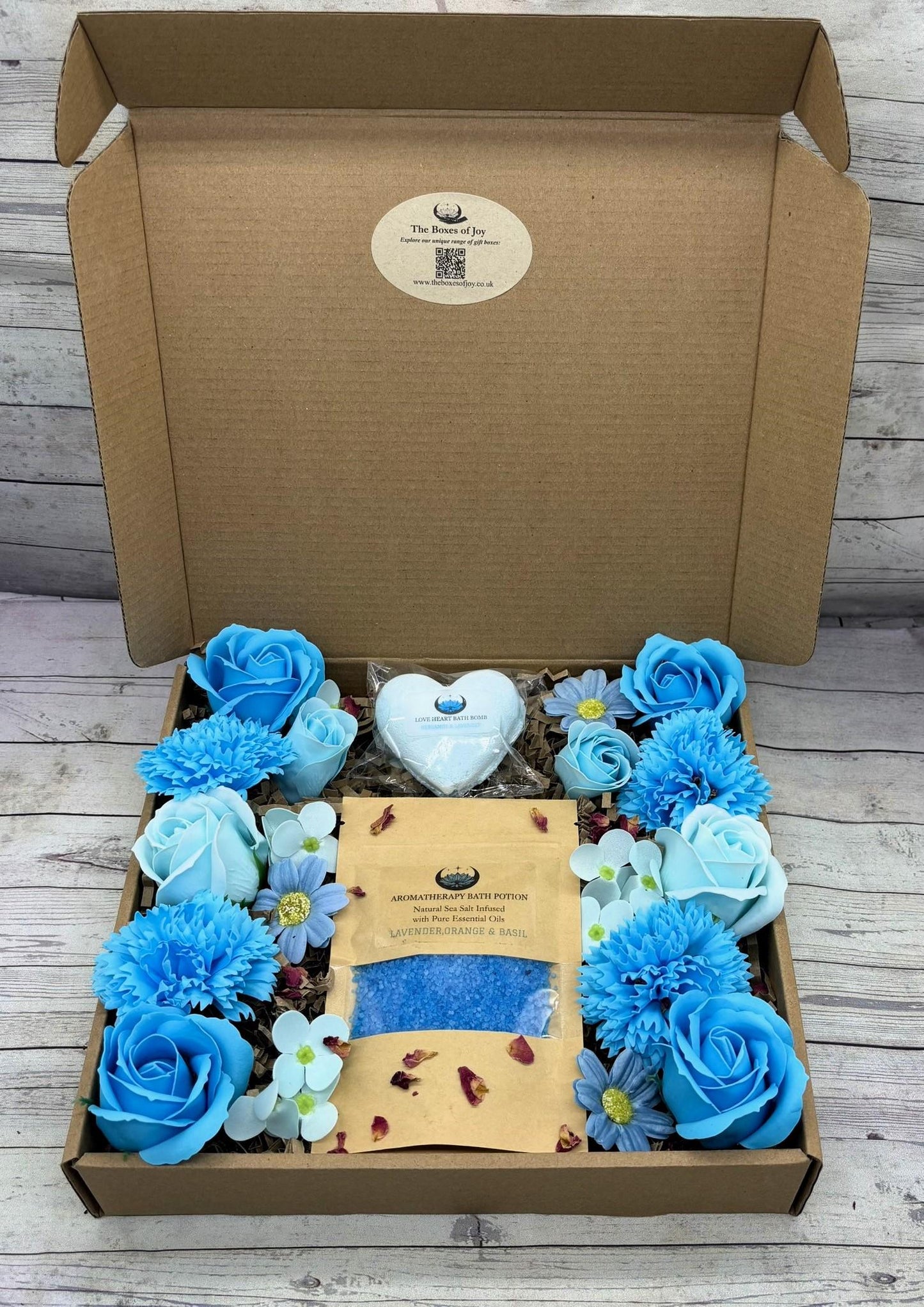 Blooming Blue Spa Gift Box: Aromatherapy Bath Salts & Soap Flowers