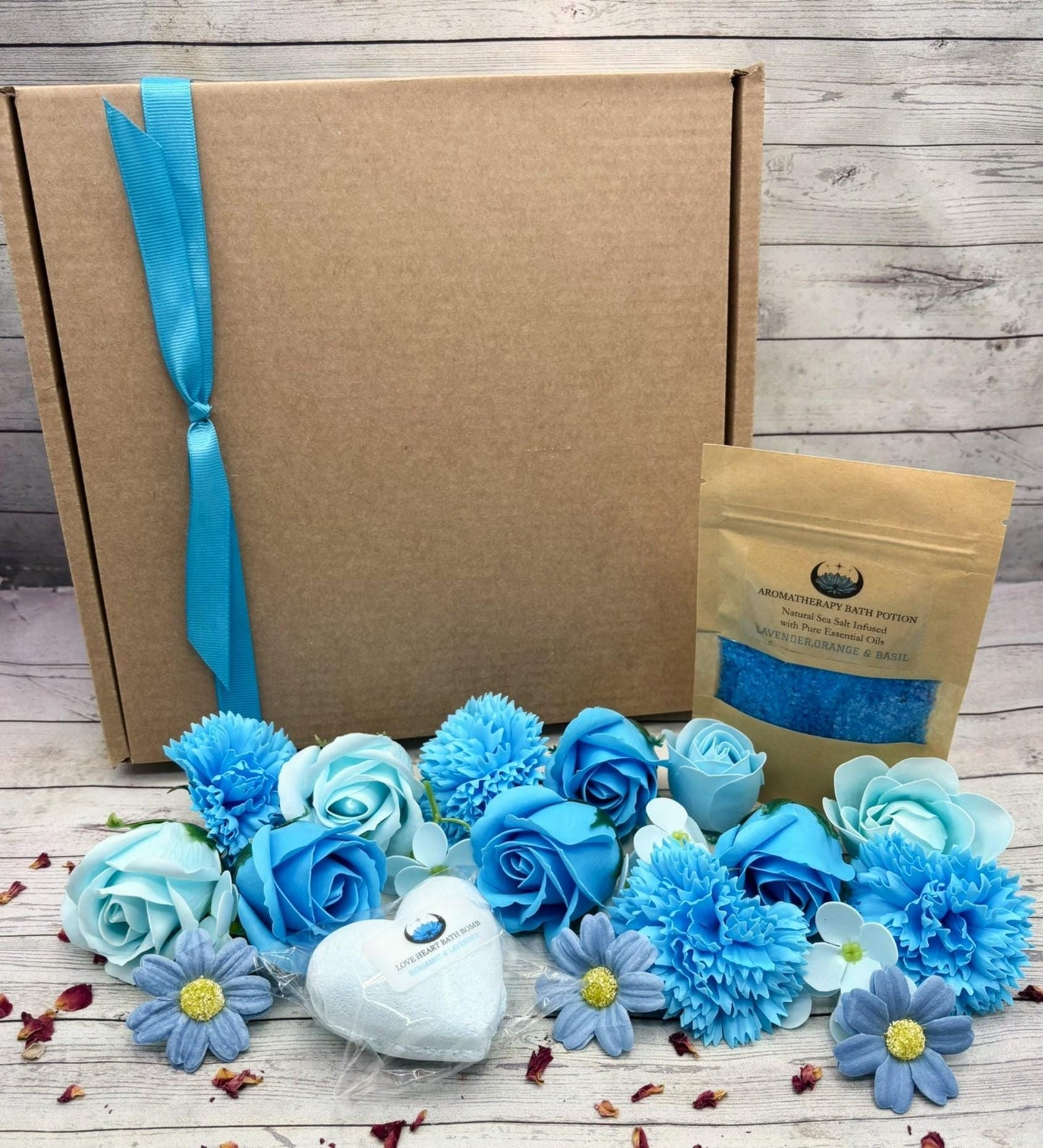 Blooming Blue Spa Gift Box: Aromatherapy Bath Salts & Soap Flowers