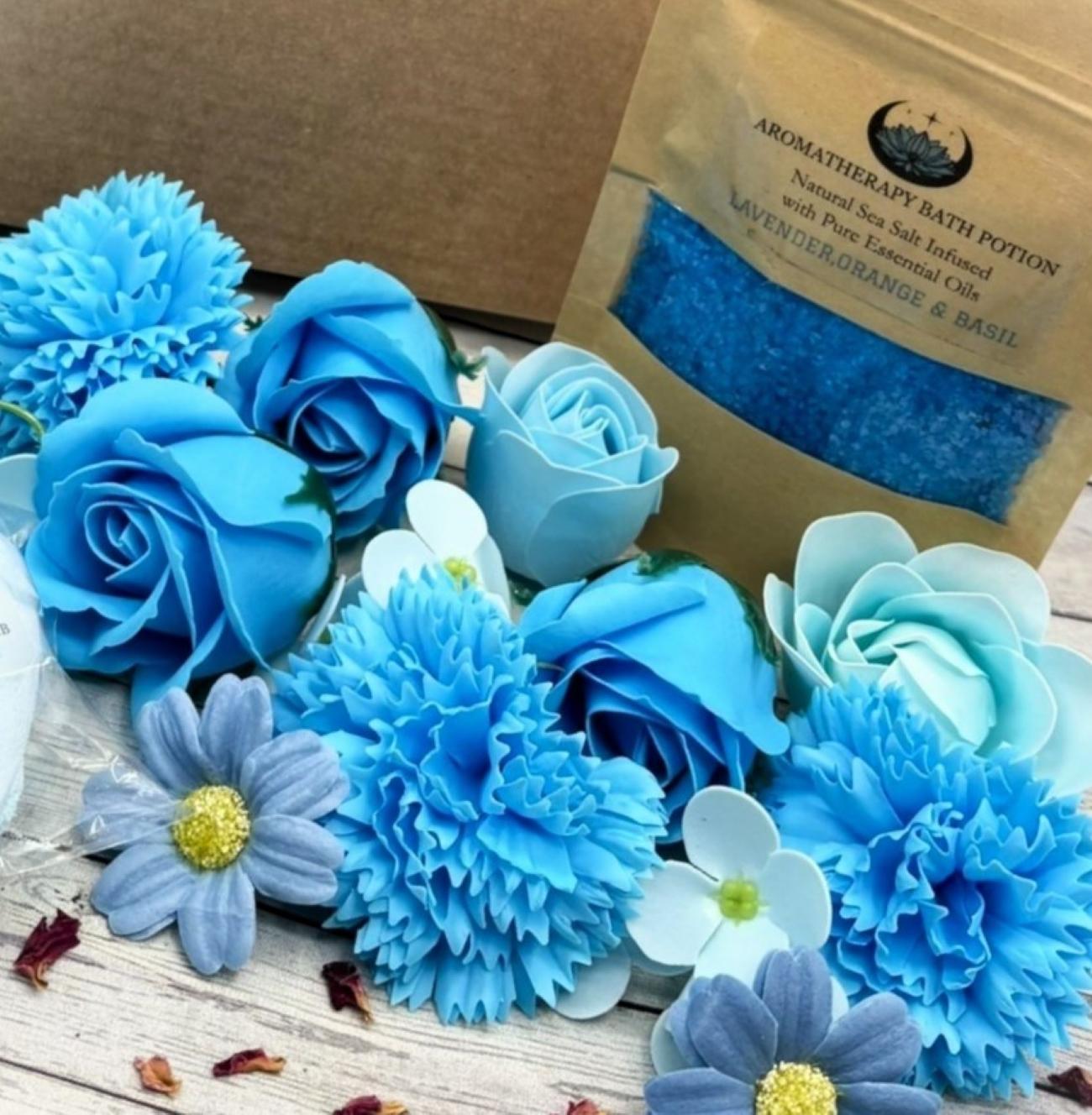 Blooming Blue Spa Gift Box: Aromatherapy Bath Salts & Soap Flowers