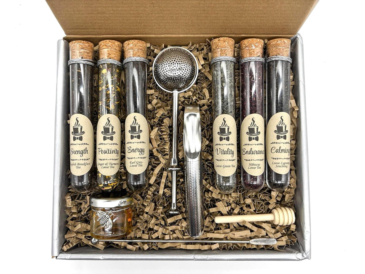 Gentleman's Tea Tasting Gift Box - 6 Loose Leaf Teas, Honey, Infuser - Men's Wellness Gift Set Bold Flavors, Unique Present, Christmas Gift