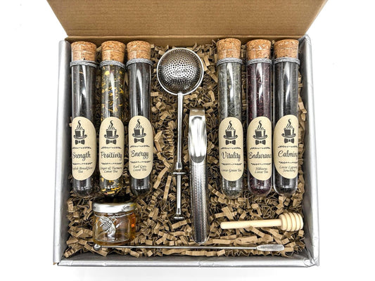 Gentleman's Tea Tasting Gift Box - 6 Loose Leaf Teas, Honey, Infuser - Men's Wellness Gift Set Bold Flavors, Unique Present, Christmas Gift
