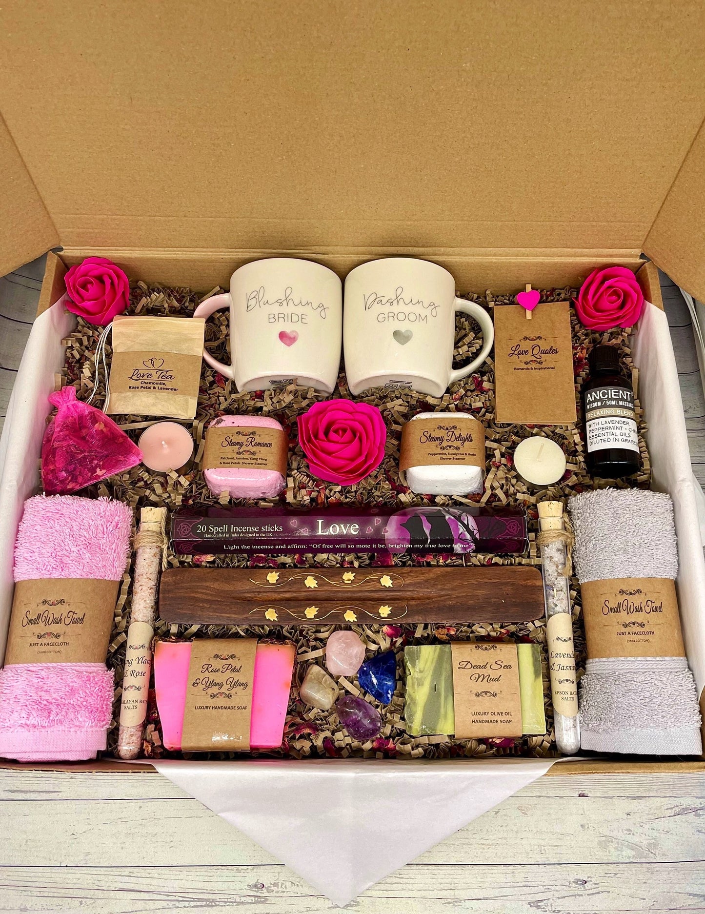 Unique Wedding/Engagement Gift Hamper, Bride & Groom Spa, Relaxation, Pampering, Crystals, Love Tea, Love Quotes, Shower Steamers,