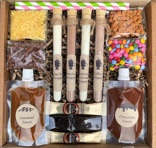 NEW Luxury Frappe Gift Box, Make luxury Frappes, Sauces and Toppings,  Birthday Gift, Chocolate Hamper, Iced Coffees, Christmas Gift, Teen