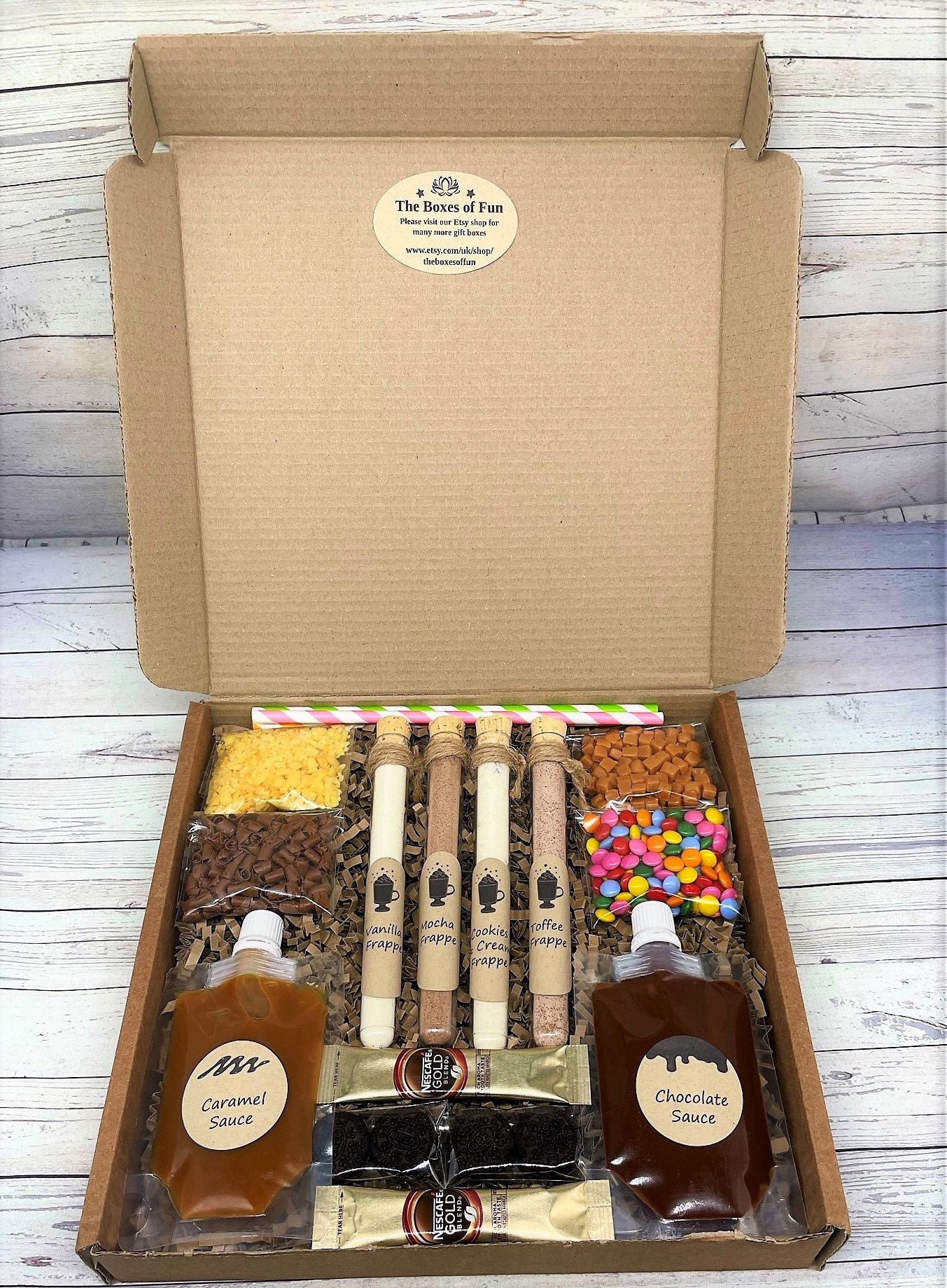 NEW Luxury Frappe Gift Box, Make luxury Frappes, Sauces and Toppings,  Birthday Gift, Chocolate Hamper, Iced Coffees, Christmas Gift, Teen