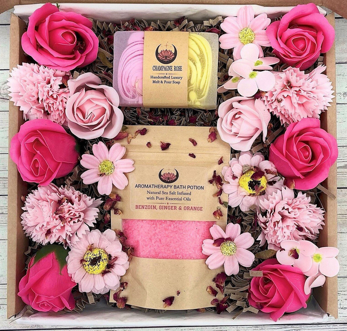 THE PINK SENSATION Spa Flowers Luxury Gift Box, Aromatherapy Bath Salts, Handmade Soap, Relaxation,  Birthday, Thank You, Wedding,
