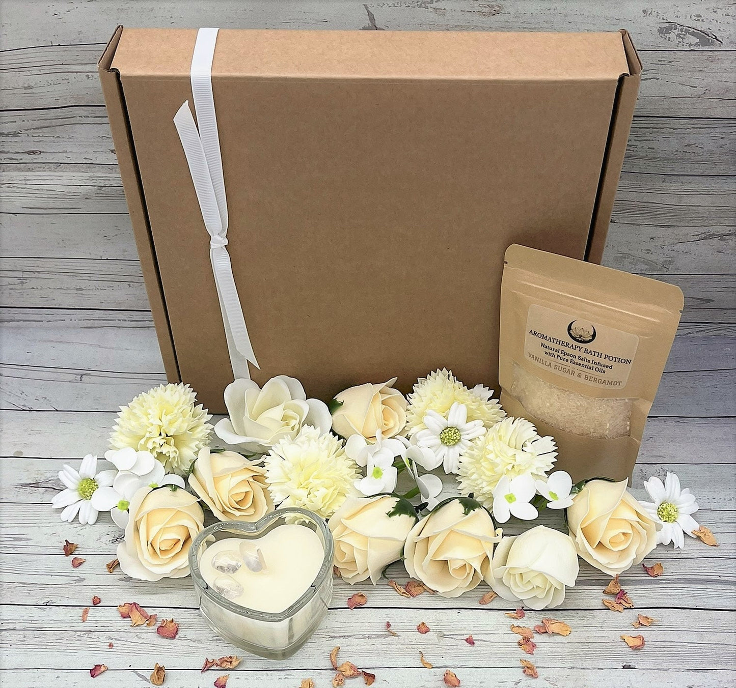 THE BLOOMING CREAM Luxury Spa Gift Box, Quartz Vanilla Candle, Aromatherapy Bath Salts, Soap Flowers, Bathe in Beauty, Relaxation, Languish.