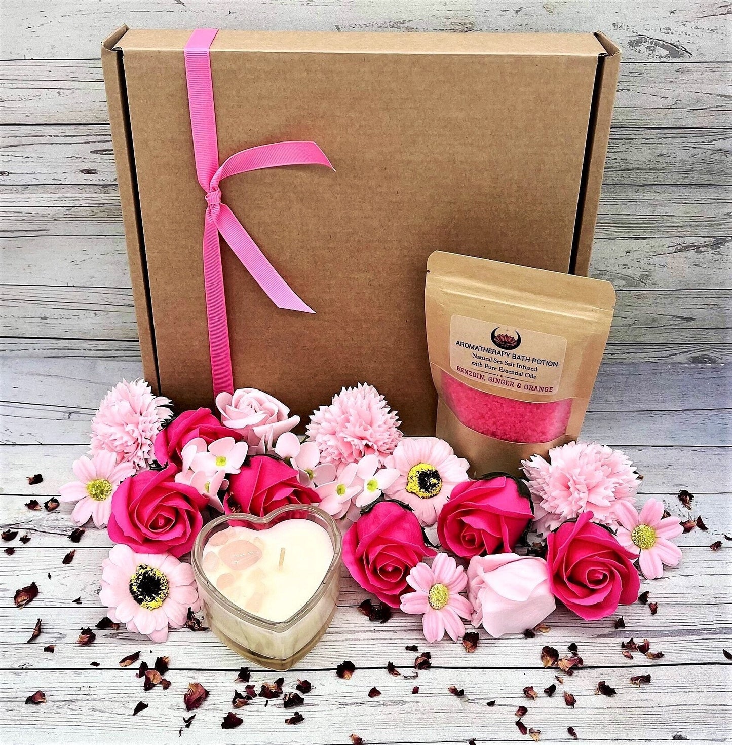 THE BLOOMING PINK Luxury Spa Flowers Gift Box, Pink Quartz Candle, Aromatherapy Bath Salts, Bouquet, Self Care,Wellness,Birthday, Thank You,