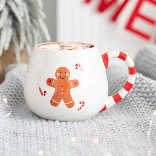Cosy Gingerbread Rounded Hot Chocolate Mug, Candy Stripe Handle, Christmas Present, Stocking Filler, Xmas Eve Gift, Teen Christmas Gift