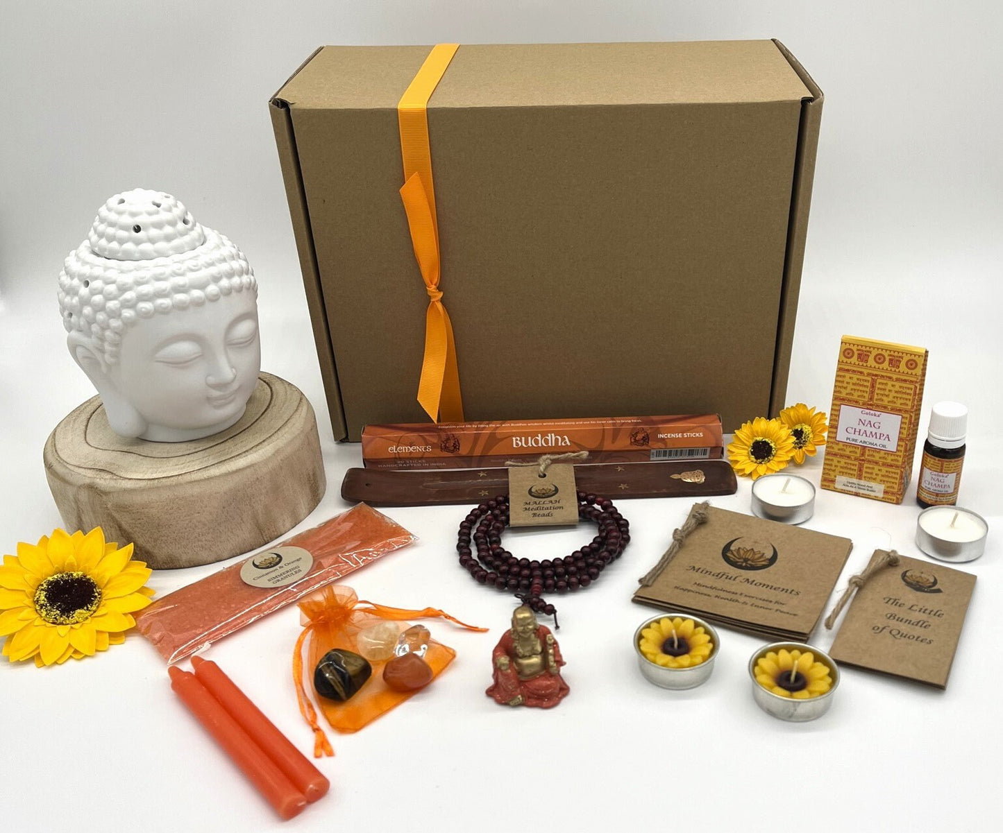 The Buddha Happy Meditation &  Wellness Gift, Mindfulness, Positivity, Crystals, Oil Burner, Incense, Mandala Beads, Buddha, Birthday Gift